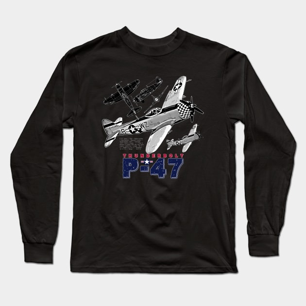 P-47 Thunderbolt USAF Vintage Aircraft Long Sleeve T-Shirt by aeroloversclothing